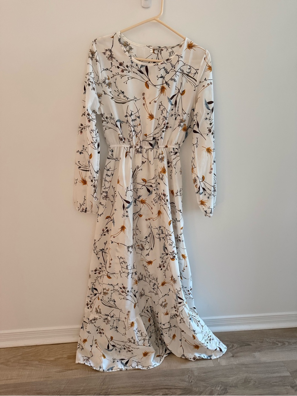 Women's Floral Long Sleeve Maxi Dress - White with Mustard & Black Floral Print